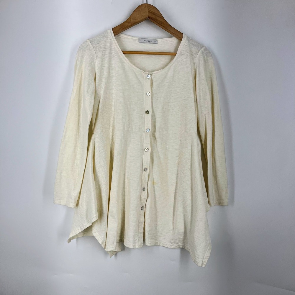 Cut Loose Womens XS Cream Slub Knit Button Front Sharkbite Hem Tunic‎ Top